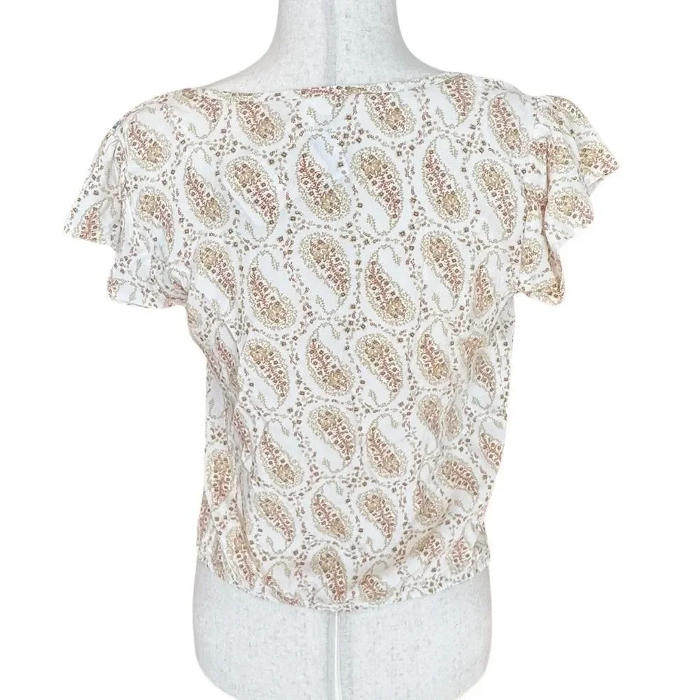 NWT Self Esteem Short Sleeve Tie-Front Top Petal Sleeve Cream/Tan Small